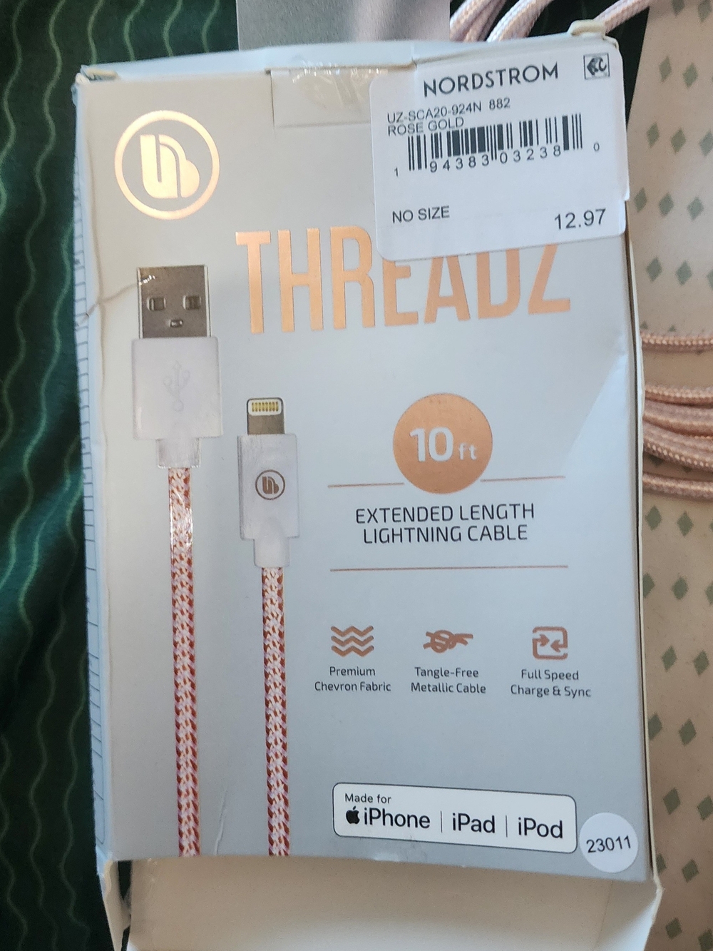 Nordstrom Rose Gold Braided Lightning Cable 10 ft